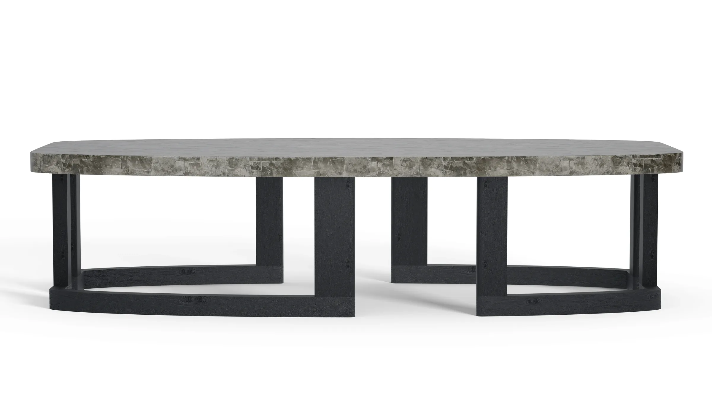 Void Center Table with silver pyrite top and teak legs